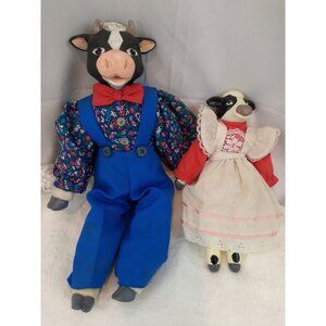 Vintage Unusual Farmer & Milk Maid Ceramic & Hard Cloth Body Cow dolls 13" & 9"